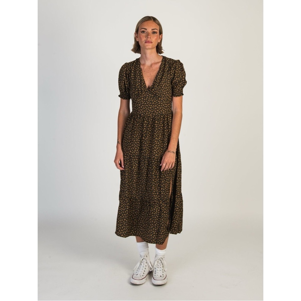 Brown Tiered Puff Sleeve Wrap Midi Dress